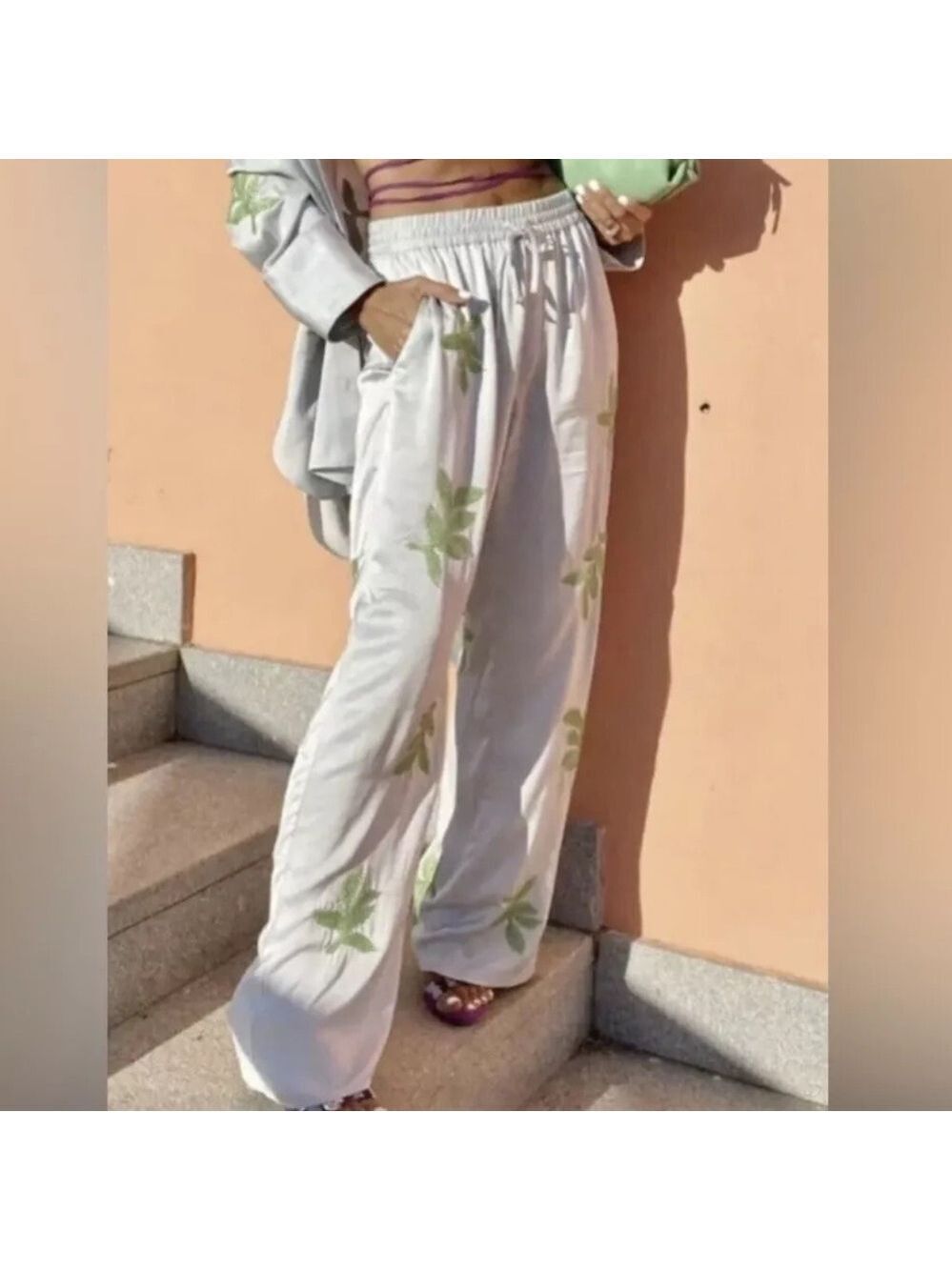 NWT Zara Women’s Sky Blue Green Leaf Embroidered Elastic Drawstring Pant XXL